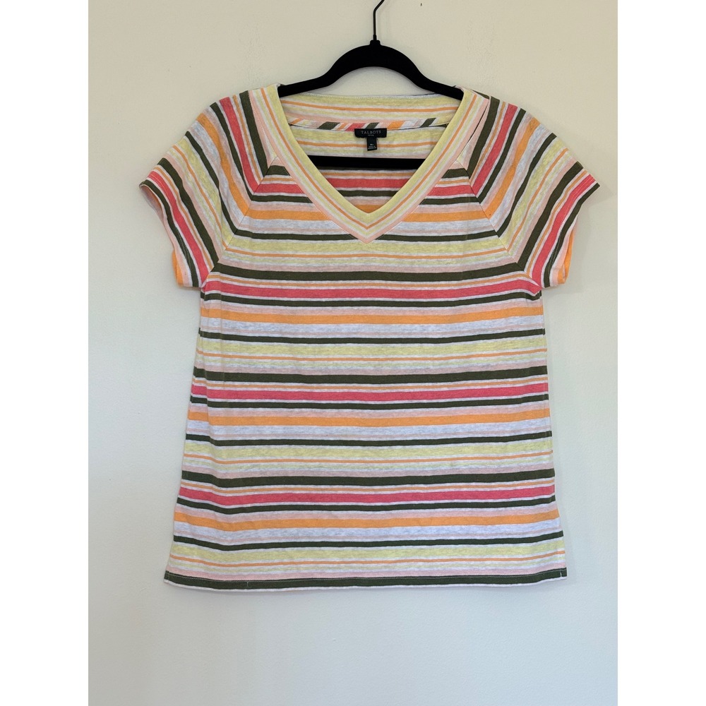 Talbots Petite Multi Color Striped V-Neck Short Sleeve Tee Shirt MP Pink Orange